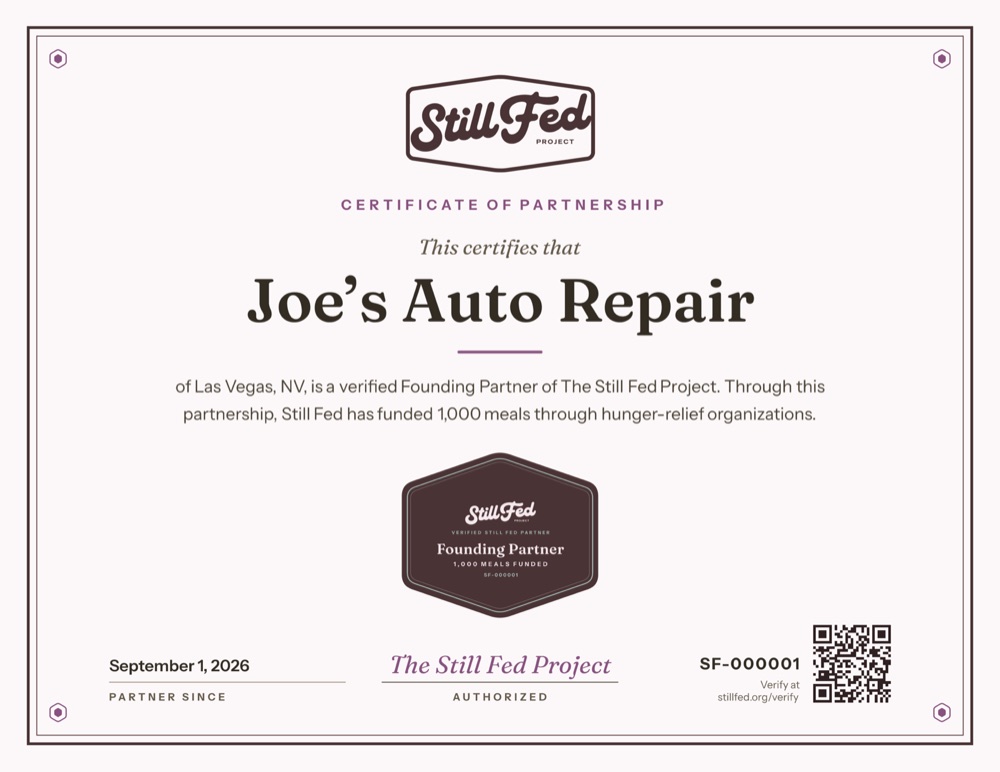 Certificate of partnership for Joe's Auto Repair